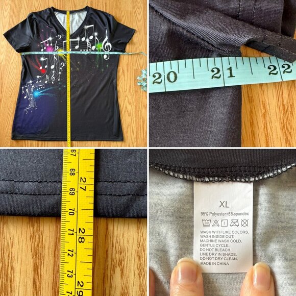 Womens Music Notes Graphic Tee Size XL Black Rainbow Print V Neck Shirt Top - Picture 4 of 7